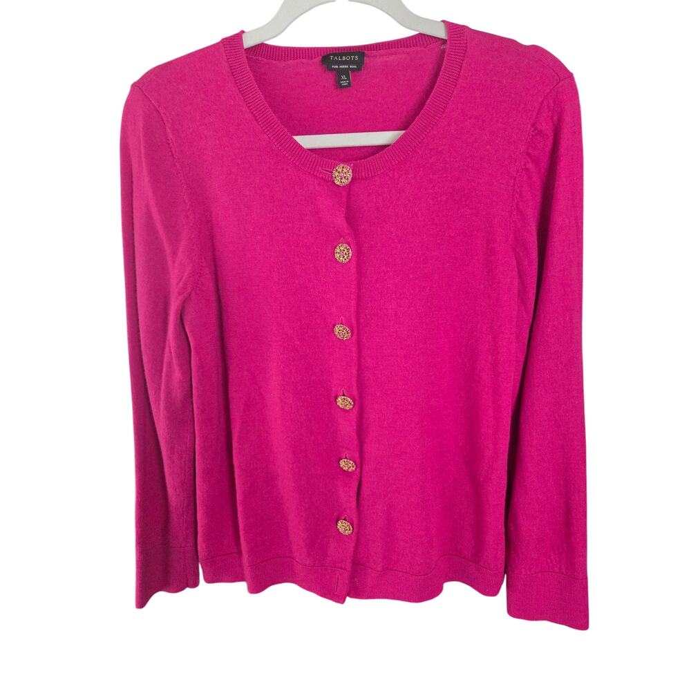 Talbots Pink Merino Wool Cardigan Sweater Jeweled Buttons Preppy Party Colorful
